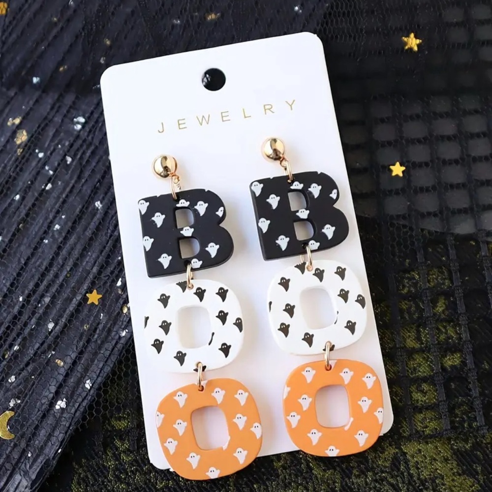 NWT Black, White, and Orange “Boo” Ghost Earrings
